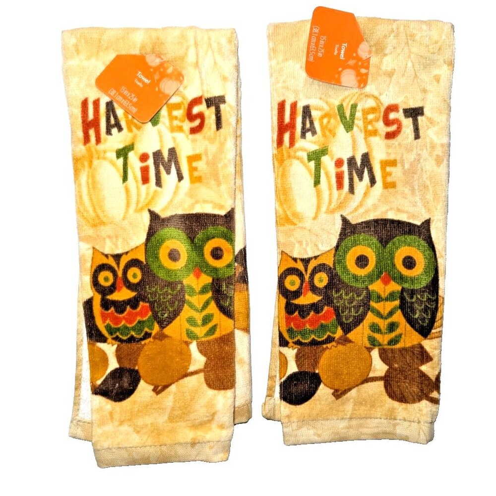 Harvest Time Owls Kitchen Towels 2-Pc Cotton Brown Tan Orange Holiday Gift NEW
